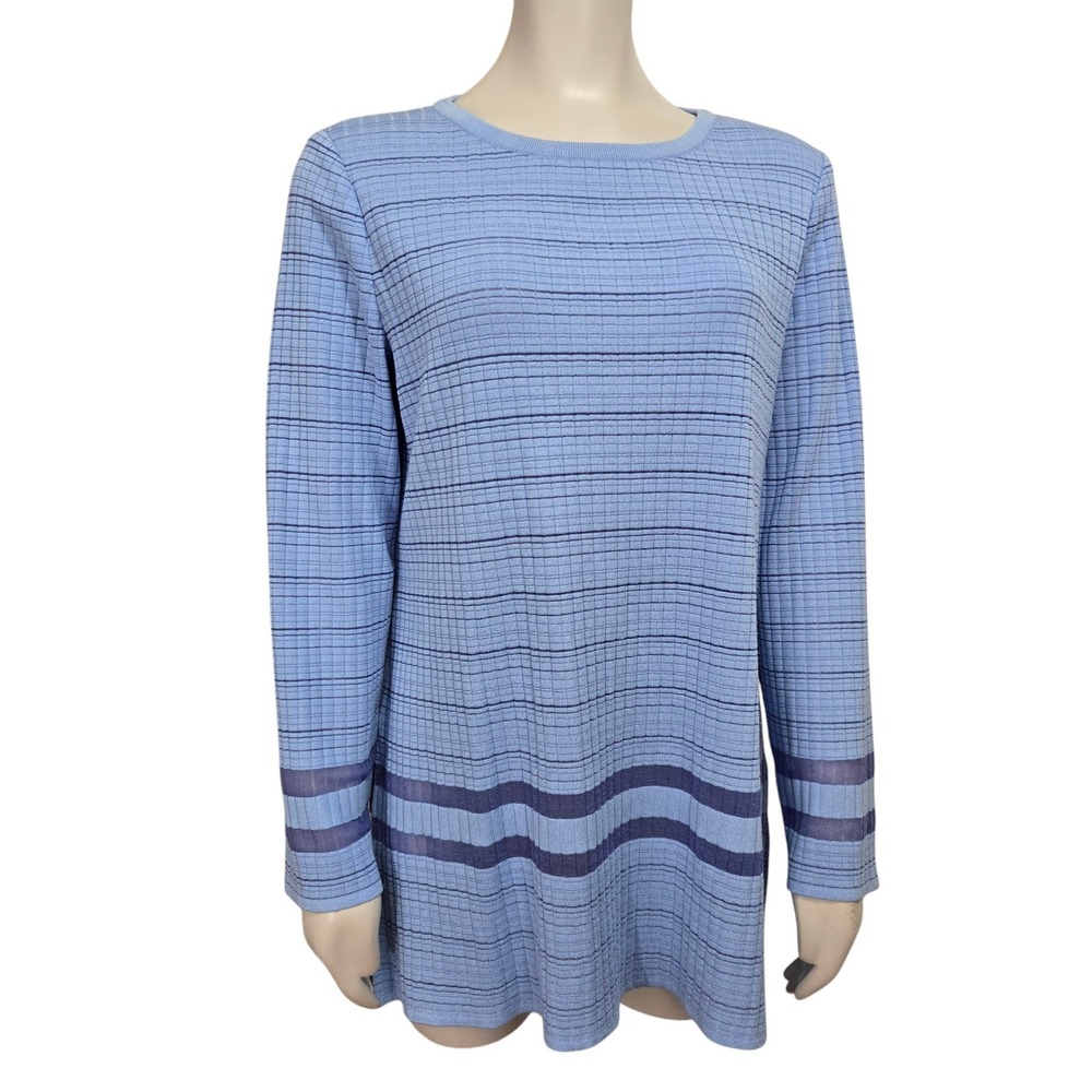 Misook Knit Tunic Top Womens Size M‎ Blue Striped Semi Sheer Mesh Ribbed Casual